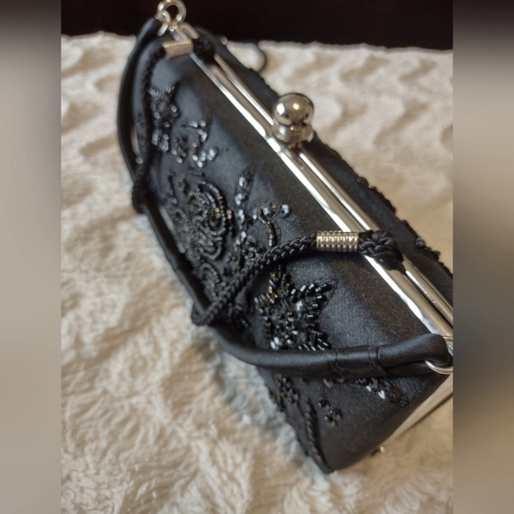 Vintage Satin Sequined Black Clutch/Shoulder Bag w/silver accents & black strap